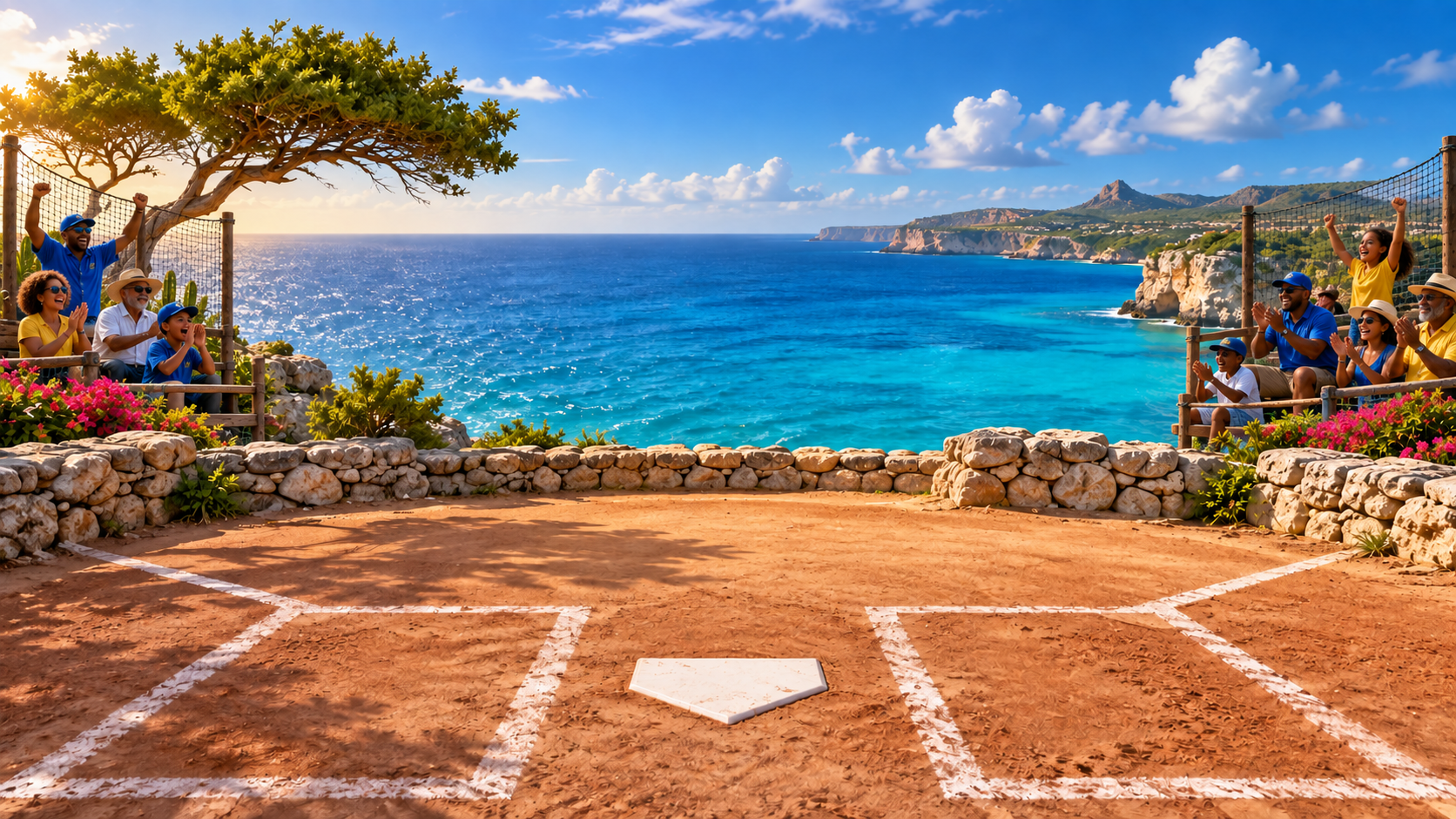 Curaçao fans cheering beside a cliffside baseball field above the Caribbean Sea